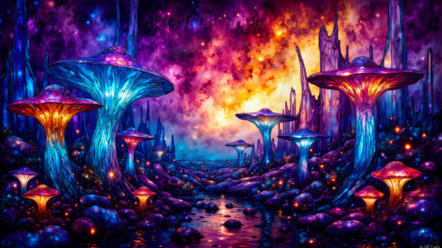 A vibrant and detailed fantasy photograph of an alien planet. Where every element appears meticulously crafted from iridescent stained glass. From a cave system, dominated by towering crystals, giant bioluminescent mushrooms, in all shapes and sizes, that glow in vibrant iridescent colors. A stream of iridescent blue water, flows down the center of the cave from a waterfall, off in the distance. The alien flora, vibrantly colored, attracting alien insects, like nothing you've ever seen. Glow worms hang down from the ceiling, emitting the entire spectrum of the rainbow in colors, they seem to dance and blend as if they are connected. Outside the cave system, the sky shimmers with a breathtaking aurora borealis that fills the sky, creating a cosmic spectacle of galaxies, nebulae, and radiant starlight, in this nighttime landscape.