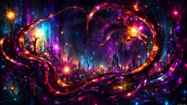 A vibrant and detailed fantasy photograph of an alien planet. Where every element appears meticulously crafted from iridescent stained glass. From a cave system, dominated by towering crystals, giant bioluminescent mushrooms, in all shapes and sizes, that glow in vibrant iridescent colors. A stream of iridescent blue water, flows down the center of the cave from a waterfall, off in the distance. The alien flora, vibrantly colored, attracting alien insects, like nothing you've ever seen. Glow worms hang down from the ceiling, emitting the entire spectrum of the rainbow in colors, they seem to dance and blend as if they are connected. Outside the cave system, the sky shimmers with a breathtaking aurora borealis that fills the sky, creating a cosmic spectacle of galaxies, nebulae, and radiant starlight, in this nighttime landscape.