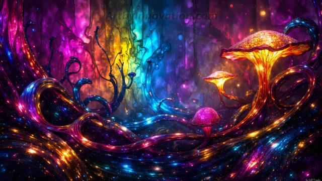 A vibrant and detailed fantasy photograph of an alien planet. Where every element appears meticulously crafted from iridescent stained glass. From a cave system, dominated by towering crystals, giant bioluminescent mushrooms, in all shapes and sizes, that glow in vibrant iridescent colors. A stream of iridescent blue water, flows down the center of the cave from a waterfall, off in the distance. The alien flora, vibrantly colored, attracting alien insects, like nothing you've ever seen. Glow worms hang down from the ceiling, emitting the entire spectrum of the rainbow in colors, they seem to dance and blend as if they are connected. Outside the cave system, the sky shimmers with a breathtaking aurora borealis that fills the sky, creating a cosmic spectacle of galaxies, nebulae, and radiant starlight, in this nighttime landscape.