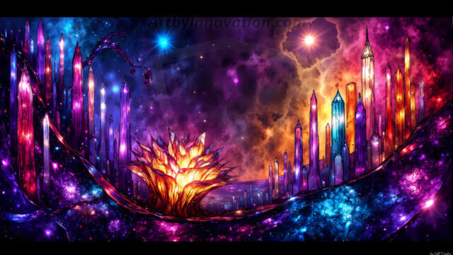 A vibrant and detailed fantasy photograph of an alien planet. Where every element appears meticulously crafted from iridescent stained glass. From a cave system, dominated by towering crystals, giant bioluminescent mushrooms, in all shapes and sizes, that glow in vibrant iridescent colors. A stream of iridescent blue water, flows down the center of the cave from a waterfall, off in the distance. The alien flora, vibrantly colored, attracting alien insects, like nothing you've ever seen. Glow worms hang down from the ceiling, emitting the entire spectrum of the rainbow in colors, they seem to dance and blend as if they are connected. Outside the cave system, the sky shimmers with a breathtaking aurora borealis that fills the sky, creating a cosmic spectacle of galaxies, nebulae, and radiant starlight, in this nighttime landscape.