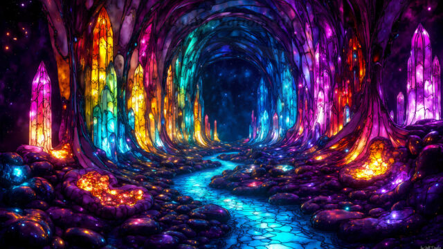 A vibrant and detailed fantasy photograph of an alien planet. Where every element appears meticulously crafted from iridescent stained glass. From a cave system, dominated by towering crystals, giant bioluminescent mushrooms, in all shapes and sizes, that glow in vibrant iridescent colors. A stream of iridescent blue water, flows down the center of the cave from a waterfall, off in the distance. The alien flora, vibrantly colored, attracting alien insects, like nothing you've ever seen. Glow worms hang down from the ceiling, emitting the entire spectrum of the rainbow in colors, they seem to dance and blend as if they are connected. Outside the cave system, the sky shimmers with a breathtaking aurora borealis that fills the sky, creating a cosmic spectacle of galaxies, nebulae, and radiant starlight, in this nighttime landscape.