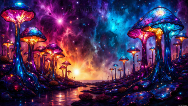 A vibrant and detailed fantasy photograph of an alien planet. Where every element appears meticulously crafted from iridescent stained glass. From a cave system, dominated by towering crystals, giant bioluminescent mushrooms, in all shapes and sizes, that glow in vibrant iridescent colors. A stream of iridescent blue water, flows down the center of the cave from a waterfall, off in the distance. The alien flora, vibrantly colored, attracting alien insects, like nothing you've ever seen. Glow worms hang down from the ceiling, emitting the entire spectrum of the rainbow in colors, they seem to dance and blend as if they are connected. Outside the cave system, the sky shimmers with a breathtaking aurora borealis that fills the sky, creating a cosmic spectacle of galaxies, nebulae, and radiant starlight, in this nighttime landscape.