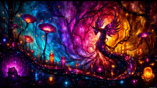 A vibrant and detailed fantasy photograph of an alien planet. Where every element appears meticulously crafted from iridescent stained glass. From a cave system, dominated by towering crystals, giant bioluminescent mushrooms, in all shapes and sizes, that glow in vibrant iridescent colors. A stream of iridescent blue water, flows down the center of the cave from a waterfall, off in the distance. The alien flora, vibrantly colored, attracting alien insects, like nothing you've ever seen. Glow worms hang down from the ceiling, emitting the entire spectrum of the rainbow in colors, they seem to dance and blend as if they are connected. Outside the cave system, the sky shimmers with a breathtaking aurora borealis that fills the sky, creating a cosmic spectacle of galaxies, nebulae, and radiant starlight, in this nighttime landscape.