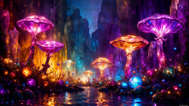 A vibrant and detailed fantasy photograph of an alien planet. Where every element appears meticulously crafted from iridescent stained glass. From a cave system, dominated by towering crystals, giant bioluminescent mushrooms, in all shapes and sizes, that glow in vibrant iridescent colors. A stream of iridescent blue water, flows down the center of the cave from a waterfall, off in the distance. The alien flora, vibrantly colored, attracting alien insects, like nothing you've ever seen. Glow worms hang down from the ceiling, emitting the entire spectrum of the rainbow in colors, they seem to dance and blend as if they are connected. Outside the cave system, the sky shimmers with a breathtaking aurora borealis that fills the sky, creating a cosmic spectacle of galaxies, nebulae, and radiant starlight, in this nighttime landscape.