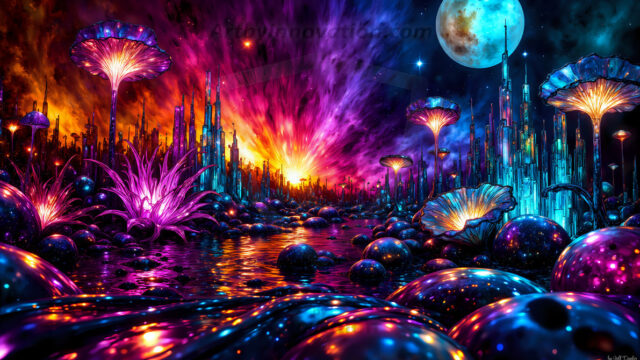 A vibrant and detailed fantasy photograph of an alien planet. Where every element appears meticulously crafted from iridescent stained glass. From a cave system, dominated by towering crystals, giant bioluminescent mushrooms, in all shapes and sizes, that glow in vibrant iridescent colors. A stream of iridescent blue water, flows down the center of the cave from a waterfall, off in the distance. The alien flora, vibrantly colored, attracting alien insects, like nothing you've ever seen. Glow worms hang down from the ceiling, emitting the entire spectrum of the rainbow in colors, they seem to dance and blend as if they are connected. Outside the cave system, the sky shimmers with a breathtaking aurora borealis that fills the sky, creating a cosmic spectacle of galaxies, nebulae, and radiant starlight, in this nighttime landscape.