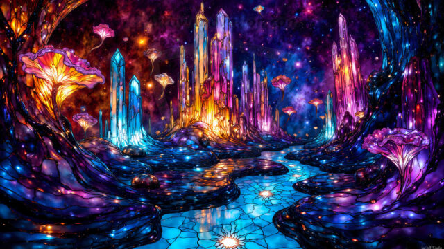 A vibrant and detailed fantasy photograph of an alien planet. Where every element appears meticulously crafted from iridescent stained glass. From a cave system, dominated by towering crystals, giant bioluminescent mushrooms, in all shapes and sizes, that glow in vibrant iridescent colors. A stream of iridescent blue water, flows down the center of the cave from a waterfall, off in the distance. The alien flora, vibrantly colored, attracting alien insects, like nothing you've ever seen. Glow worms hang down from the ceiling, emitting the entire spectrum of the rainbow in colors, they seem to dance and blend as if they are connected. Outside the cave system, the sky shimmers with a breathtaking aurora borealis that fills the sky, creating a cosmic spectacle of galaxies, nebulae, and radiant starlight, in this nighttime landscape.