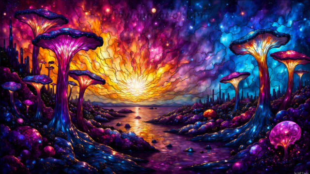 A vibrant and detailed fantasy photograph of an alien planet. Where every element appears meticulously crafted from iridescent stained glass. From a cave system, dominated by towering crystals, giant bioluminescent mushrooms, in all shapes and sizes, that glow in vibrant iridescent colors. A stream of iridescent blue water, flows down the center of the cave from a waterfall, off in the distance. The alien flora, vibrantly colored, attracting alien insects, like nothing you've ever seen. Glow worms hang down from the ceiling, emitting the entire spectrum of the rainbow in colors, they seem to dance and blend as if they are connected. Outside the cave system, the sky shimmers with a breathtaking aurora borealis that fills the sky, creating a cosmic spectacle of galaxies, nebulae, and radiant starlight, in this nighttime landscape.