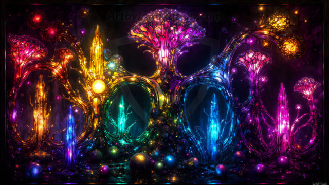 A vibrant and detailed fantasy photograph of an alien planet. Where every element appears meticulously crafted from iridescent stained glass. From a cave system, dominated by towering crystals, giant bioluminescent mushrooms, in all shapes and sizes, that glow in vibrant iridescent colors. A stream of iridescent blue water, flows down the center of the cave from a waterfall, off in the distance. The alien flora, vibrantly colored, attracting alien insects, like nothing you've ever seen. Glow worms hang down from the ceiling, emitting the entire spectrum of the rainbow in colors, they seem to dance and blend as if they are connected. Outside the cave system, the sky shimmers with a breathtaking aurora borealis that fills the sky, creating a cosmic spectacle of galaxies, nebulae, and radiant starlight, in this nighttime landscape.