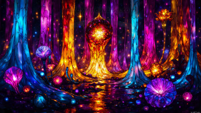 A vibrant and detailed fantasy photograph of an alien planet. Where every element appears meticulously crafted from iridescent stained glass. From a cave system, dominated by towering crystals, giant bioluminescent mushrooms, in all shapes and sizes, that glow in vibrant iridescent colors. A stream of iridescent blue water, flows down the center of the cave from a waterfall, off in the distance. The alien flora, vibrantly colored, attracting alien insects, like nothing you've ever seen. Glow worms hang down from the ceiling, emitting the entire spectrum of the rainbow in colors, they seem to dance and blend as if they are connected. Outside the cave system, the sky shimmers with a breathtaking aurora borealis that fills the sky, creating a cosmic spectacle of galaxies, nebulae, and radiant starlight, in this nighttime landscape.