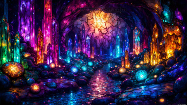 A vibrant and detailed fantasy photograph of an alien planet. Where every element appears meticulously crafted from iridescent stained glass. From a cave system, dominated by towering crystals, giant bioluminescent mushrooms, in all shapes and sizes, that glow in vibrant iridescent colors. A stream of iridescent blue water, flows down the center of the cave from a waterfall, off in the distance. The alien flora, vibrantly colored, attracting alien insects, like nothing you've ever seen. Glow worms hang down from the ceiling, emitting the entire spectrum of the rainbow in colors, they seem to dance and blend as if they are connected. Outside the cave system, the sky shimmers with a breathtaking aurora borealis that fills the sky, creating a cosmic spectacle of galaxies, nebulae, and radiant starlight, in this nighttime landscape.