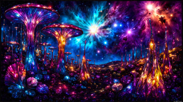 A vibrant and detailed fantasy photograph of an alien planet. Where every element appears meticulously crafted from iridescent stained glass. From a cave system, dominated by towering crystals, giant bioluminescent mushrooms, in all shapes and sizes, that glow in vibrant iridescent colors. A stream of iridescent blue water, flows down the center of the cave from a waterfall, off in the distance. The alien flora, vibrantly colored, attracting alien insects, like nothing you've ever seen. Glow worms hang down from the ceiling, emitting the entire spectrum of the rainbow in colors, they seem to dance and blend as if they are connected. Outside the cave system, the sky shimmers with a breathtaking aurora borealis that fills the sky, creating a cosmic spectacle of galaxies, nebulae, and radiant starlight, in this nighttime landscape.