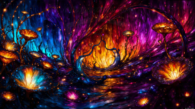 A vibrant and detailed fantasy photograph of an alien planet. Where every element appears meticulously crafted from iridescent stained glass. From a cave system, dominated by towering crystals, giant bioluminescent mushrooms, in all shapes and sizes, that glow in vibrant iridescent colors. A stream of iridescent blue water, flows down the center of the cave from a waterfall, off in the distance. The alien flora, vibrantly colored, attracting alien insects, like nothing you've ever seen. Glow worms hang down from the ceiling, emitting the entire spectrum of the rainbow in colors, they seem to dance and blend as if they are connected. Outside the cave system, the sky shimmers with a breathtaking aurora borealis that fills the sky, creating a cosmic spectacle of galaxies, nebulae, and radiant starlight, in this nighttime landscape.