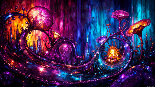 A vibrant and detailed fantasy photograph of an alien planet. Where every element appears meticulously crafted from iridescent stained glass. From a cave system, dominated by towering crystals, giant bioluminescent mushrooms, in all shapes and sizes, that glow in vibrant iridescent colors. A stream of iridescent blue water, flows down the center of the cave from a waterfall, off in the distance. The alien flora, vibrantly colored, attracting alien insects, like nothing you've ever seen. Glow worms hang down from the ceiling, emitting the entire spectrum of the rainbow in colors, they seem to dance and blend as if they are connected. Outside the cave system, the sky shimmers with a breathtaking aurora borealis that fills the sky, creating a cosmic spectacle of galaxies, nebulae, and radiant starlight, in this nighttime landscape.