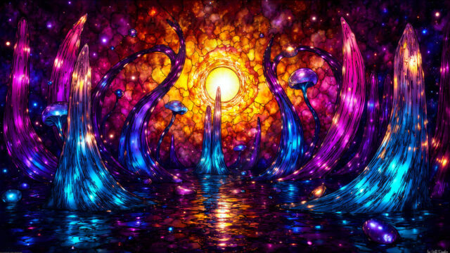 A vibrant and detailed fantasy photograph of an alien planet. Where every element appears meticulously crafted from iridescent stained glass. From a cave system, dominated by towering crystals, giant bioluminescent mushrooms, in all shapes and sizes, that glow in vibrant iridescent colors. A stream of iridescent blue water, flows down the center of the cave from a waterfall, off in the distance. The alien flora, vibrantly colored, attracting alien insects, like nothing you've ever seen. Glow worms hang down from the ceiling, emitting the entire spectrum of the rainbow in colors, they seem to dance and blend as if they are connected. Outside the cave system, the sky shimmers with a breathtaking aurora borealis that fills the sky, creating a cosmic spectacle of galaxies, nebulae, and radiant starlight, in this nighttime landscape.