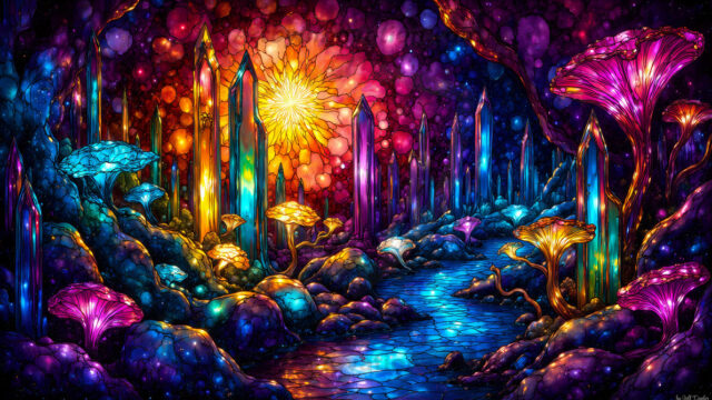 A vibrant and detailed fantasy photograph of an alien planet. Where every element appears meticulously crafted from iridescent stained glass. From a cave system, dominated by towering crystals, giant bioluminescent mushrooms, in all shapes and sizes, that glow in vibrant iridescent colors. A stream of iridescent blue water, flows down the center of the cave from a waterfall, off in the distance. The alien flora, vibrantly colored, attracting alien insects, like nothing you've ever seen. Glow worms hang down from the ceiling, emitting the entire spectrum of the rainbow in colors, they seem to dance and blend as if they are connected. Outside the cave system, the sky shimmers with a breathtaking aurora borealis that fills the sky, creating a cosmic spectacle of galaxies, nebulae, and radiant starlight, in this nighttime landscape.