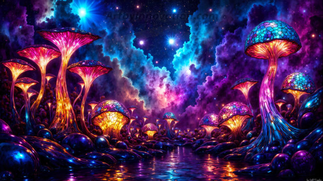 A vibrant and detailed fantasy photograph of an alien planet. Where every element appears meticulously crafted from iridescent stained glass. From a cave system, dominated by towering crystals, giant bioluminescent mushrooms, in all shapes and sizes, that glow in vibrant iridescent colors. A stream of iridescent blue water, flows down the center of the cave from a waterfall, off in the distance. The alien flora, vibrantly colored, attracting alien insects, like nothing you've ever seen. Glow worms hang down from the ceiling, emitting the entire spectrum of the rainbow in colors, they seem to dance and blend as if they are connected. Outside the cave system, the sky shimmers with a breathtaking aurora borealis that fills the sky, creating a cosmic spectacle of galaxies, nebulae, and radiant starlight, in this nighttime landscape.