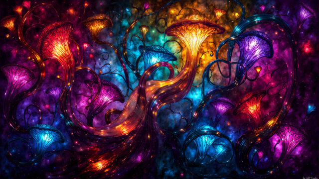 A vibrant and detailed fantasy photograph of an alien planet. Where every element appears meticulously crafted from iridescent stained glass. From a cave system, dominated by towering crystals, giant bioluminescent mushrooms, in all shapes and sizes, that glow in vibrant iridescent colors. A stream of iridescent blue water, flows down the center of the cave from a waterfall, off in the distance. The alien flora, vibrantly colored, attracting alien insects, like nothing you've ever seen. Glow worms hang down from the ceiling, emitting the entire spectrum of the rainbow in colors, they seem to dance and blend as if they are connected. Outside the cave system, the sky shimmers with a breathtaking aurora borealis that fills the sky, creating a cosmic spectacle of galaxies, nebulae, and radiant starlight, in this nighttime landscape.