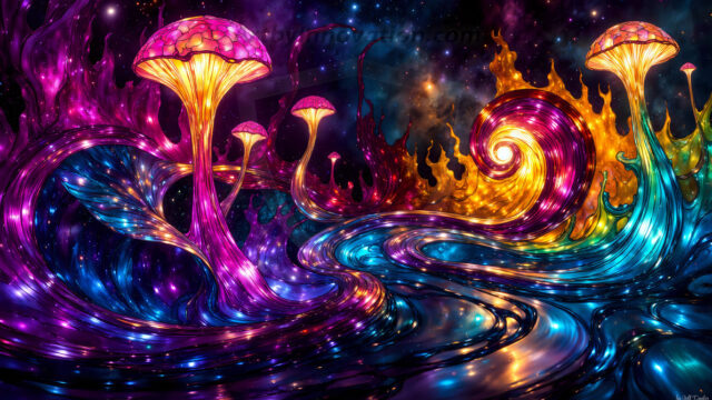 A vibrant and detailed fantasy photograph of an alien planet. Where every element appears meticulously crafted from iridescent stained glass. From a cave system, dominated by towering crystals, giant bioluminescent mushrooms, in all shapes and sizes, that glow in vibrant iridescent colors. A stream of iridescent blue water, flows down the center of the cave from a waterfall, off in the distance. The alien flora, vibrantly colored, attracting alien insects, like nothing you've ever seen. Glow worms hang down from the ceiling, emitting the entire spectrum of the rainbow in colors, they seem to dance and blend as if they are connected. Outside the cave system, the sky shimmers with a breathtaking aurora borealis that fills the sky, creating a cosmic spectacle of galaxies, nebulae, and radiant starlight, in this nighttime landscape.