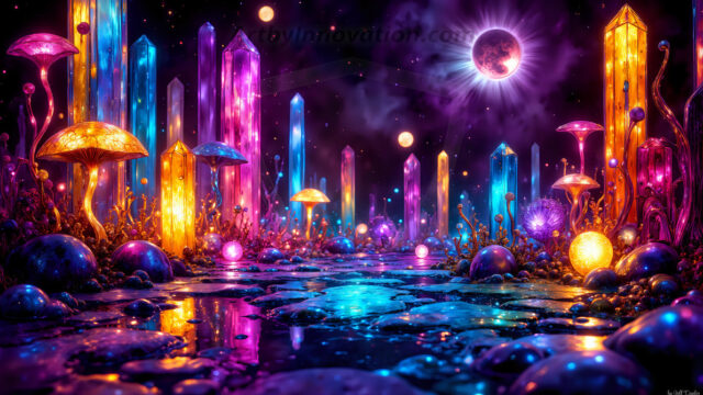 A vibrant and detailed fantasy photograph of an alien planet. Where every element appears meticulously crafted from iridescent stained glass. From a cave system, dominated by towering crystals, giant bioluminescent mushrooms, in all shapes and sizes, that glow in vibrant iridescent colors. A stream of iridescent blue water, flows down the center of the cave from a waterfall, off in the distance. The alien flora, vibrantly colored, attracting alien insects, like nothing you've ever seen. Glow worms hang down from the ceiling, emitting the entire spectrum of the rainbow in colors, they seem to dance and blend as if they are connected. Outside the cave system, the sky shimmers with a breathtaking aurora borealis that fills the sky, creating a cosmic spectacle of galaxies, nebulae, and radiant starlight, in this nighttime landscape.