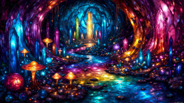 A vibrant and detailed fantasy photograph of an alien planet. Where every element appears meticulously crafted from iridescent stained glass. From a cave system, dominated by towering crystals, giant bioluminescent mushrooms, in all shapes and sizes, that glow in vibrant iridescent colors. A stream of iridescent blue water, flows down the center of the cave from a waterfall, off in the distance. The alien flora, vibrantly colored, attracting alien insects, like nothing you've ever seen. Glow worms hang down from the ceiling, emitting the entire spectrum of the rainbow in colors, they seem to dance and blend as if they are connected. Outside the cave system, the sky shimmers with a breathtaking aurora borealis that fills the sky, creating a cosmic spectacle of galaxies, nebulae, and radiant starlight, in this nighttime landscape.