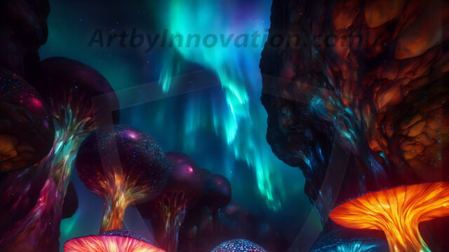 A vibrant and detailed fantasy photograph of an alien planet. Where every element appears meticulously crafted from iridescent stained glass. From a cave system, dominated by towering crystals, giant bioluminescent mushrooms, in all shapes and sizes, that glow in vibrant iridescent colors. A stream of iridescent blue water, flows down the center of the cave from a waterfall, off in the distance. The alien flora, vibrantly colored, attracting alien insects, like nothing you've ever seen. Glow worms hang down from the ceiling, emitting the entire spectrum of the rainbow in colors, they seem to dance and blend as if they are connected. Outside the cave system, the sky shimmers with a breathtaking aurora borealis that fills the sky, creating a cosmic spectacle of galaxies, nebulae, and radiant starlight, in this nighttime landscape.