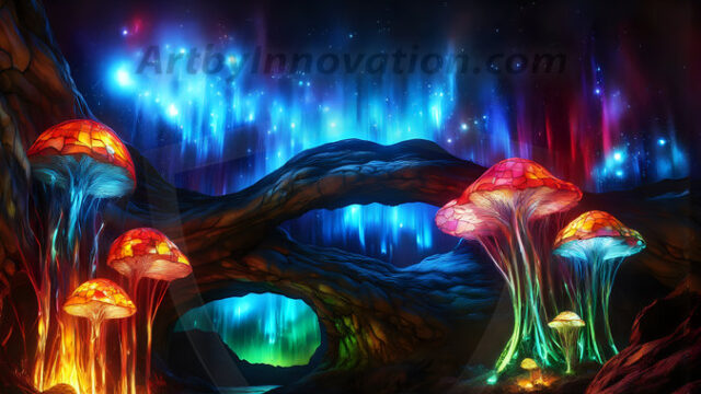 A vibrant and detailed fantasy photograph of an alien planet. Where every element appears meticulously crafted from iridescent stained glass. From a cave system, dominated by towering crystals, giant bioluminescent mushrooms, in all shapes and sizes, that glow in vibrant iridescent colors. A stream of iridescent blue water, flows down the center of the cave from a waterfall, off in the distance. The alien flora, vibrantly colored, attracting alien insects, like nothing you've ever seen. Glow worms hang down from the ceiling, emitting the entire spectrum of the rainbow in colors, they seem to dance and blend as if they are connected. Outside the cave system, the sky shimmers with a breathtaking aurora borealis that fills the sky, creating a cosmic spectacle of galaxies, nebulae, and radiant starlight, in this nighttime landscape.