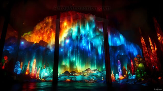 A vibrant and detailed fantasy photograph of an alien planet. Where every element appears meticulously crafted from iridescent stained glass. From a cave system, dominated by towering crystals, giant bioluminescent mushrooms, in all shapes and sizes, that glow in vibrant iridescent colors. A stream of iridescent blue water, flows down the center of the cave from a waterfall, off in the distance. The alien flora, vibrantly colored, attracting alien insects, like nothing you've ever seen. Glow worms hang down from the ceiling, emitting the entire spectrum of the rainbow in colors, they seem to dance and blend as if they are connected. Outside the cave system, the sky shimmers with a breathtaking aurora borealis that fills the sky, creating a cosmic spectacle of galaxies, nebulae, and radiant starlight, in this nighttime landscape.