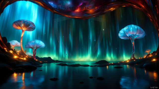 A vibrant and detailed fantasy photograph of an alien planet. Where every element appears meticulously crafted from iridescent stained glass. From a cave system, dominated by towering crystals, giant bioluminescent mushrooms, in all shapes and sizes, that glow in vibrant iridescent colors. A stream of iridescent blue water, flows down the center of the cave from a waterfall, off in the distance. The alien flora, vibrantly colored, attracting alien insects, like nothing you've ever seen. Glow worms hang down from the ceiling, emitting the entire spectrum of the rainbow in colors, they seem to dance and blend as if they are connected. Outside the cave system, the sky shimmers with a breathtaking aurora borealis that fills the sky, creating a cosmic spectacle of galaxies, nebulae, and radiant starlight, in this nighttime landscape.
