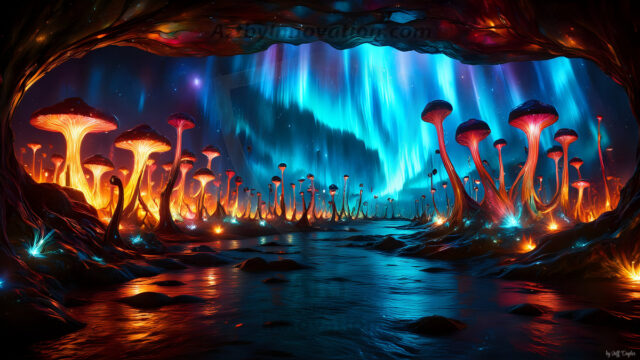 A vibrant and detailed fantasy photograph of an alien planet. Where every element appears meticulously crafted from iridescent stained glass. From a cave system, dominated by towering crystals, giant bioluminescent mushrooms, in all shapes and sizes, that glow in vibrant iridescent colors. A stream of iridescent blue water, flows down the center of the cave from a waterfall, off in the distance. The alien flora, vibrantly colored, attracting alien insects, like nothing you've ever seen. Glow worms hang down from the ceiling, emitting the entire spectrum of the rainbow in colors, they seem to dance and blend as if they are connected. Outside the cave system, the sky shimmers with a breathtaking aurora borealis that fills the sky, creating a cosmic spectacle of galaxies, nebulae, and radiant starlight, in this nighttime landscape.