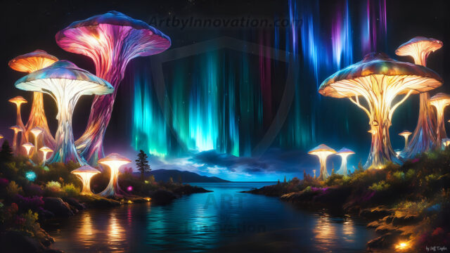 A vibrant and detailed fantasy photograph of an alien planet. Where every element appears meticulously crafted from iridescent stained glass. From a cave system, dominated by towering crystals, giant bioluminescent mushrooms, in all shapes and sizes, that glow in vibrant iridescent colors. A stream of iridescent blue water, flows down the center of the cave from a waterfall, off in the distance. The alien flora, vibrantly colored, attracting alien insects, like nothing you've ever seen. Glow worms hang down from the ceiling, emitting the entire spectrum of the rainbow in colors, they seem to dance and blend as if they are connected. Outside the cave system, the sky shimmers with a breathtaking aurora borealis that fills the sky, creating a cosmic spectacle of galaxies, nebulae, and radiant starlight, in this nighttime landscape.