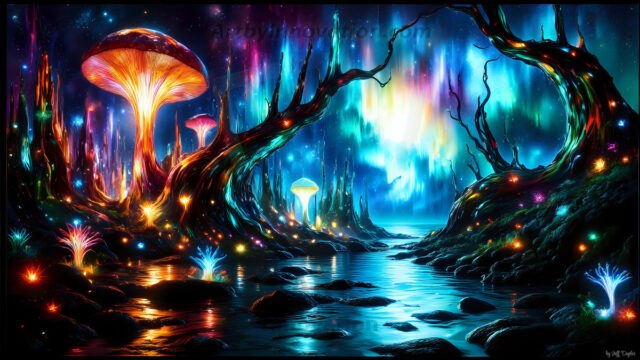 A vibrant and detailed fantasy photograph of an alien planet. Where every element appears meticulously crafted from iridescent stained glass. From a cave system, dominated by towering crystals, giant bioluminescent mushrooms, in all shapes and sizes, that glow in vibrant iridescent colors. A stream of iridescent blue water, flows down the center of the cave from a waterfall, off in the distance. The alien flora, vibrantly colored, attracting alien insects, like nothing you've ever seen. Glow worms hang down from the ceiling, emitting the entire spectrum of the rainbow in colors, they seem to dance and blend as if they are connected. Outside the cave system, the sky shimmers with a breathtaking aurora borealis that fills the sky, creating a cosmic spectacle of galaxies, nebulae, and radiant starlight, in this nighttime landscape.