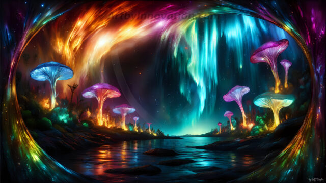 A vibrant and detailed fantasy photograph of an alien planet. Where every element appears meticulously crafted from iridescent stained glass. From a cave system, dominated by towering crystals, giant bioluminescent mushrooms, in all shapes and sizes, that glow in vibrant iridescent colors. A stream of iridescent blue water, flows down the center of the cave from a waterfall, off in the distance. The alien flora, vibrantly colored, attracting alien insects, like nothing you've ever seen. Glow worms hang down from the ceiling, emitting the entire spectrum of the rainbow in colors, they seem to dance and blend as if they are connected. Outside the cave system, the sky shimmers with a breathtaking aurora borealis that fills the sky, creating a cosmic spectacle of galaxies, nebulae, and radiant starlight, in this nighttime landscape.