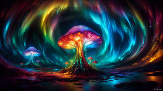 A vibrant and detailed fantasy photograph of an alien planet. Where every element appears meticulously crafted from iridescent stained glass. From a cave system, dominated by towering crystals, giant bioluminescent mushrooms, in all shapes and sizes, that glow in vibrant iridescent colors. A stream of iridescent blue water, flows down the center of the cave from a waterfall, off in the distance. The alien flora, vibrantly colored, attracting alien insects, like nothing you've ever seen. Glow worms hang down from the ceiling, emitting the entire spectrum of the rainbow in colors, they seem to dance and blend as if they are connected. Outside the cave system, the sky shimmers with a breathtaking aurora borealis that fills the sky, creating a cosmic spectacle of galaxies, nebulae, and radiant starlight, in this nighttime landscape.