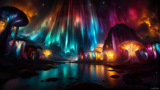 A vibrant and detailed fantasy photograph of an alien planet. Where every element appears meticulously crafted from iridescent stained glass. From a cave system, dominated by towering crystals, giant bioluminescent mushrooms, in all shapes and sizes, that glow in vibrant iridescent colors. A stream of iridescent blue water, flows down the center of the cave from a waterfall, off in the distance. The alien flora, vibrantly colored, attracting alien insects, like nothing you've ever seen. Glow worms hang down from the ceiling, emitting the entire spectrum of the rainbow in colors, they seem to dance and blend as if they are connected. Outside the cave system, the sky shimmers with a breathtaking aurora borealis that fills the sky, creating a cosmic spectacle of galaxies, nebulae, and radiant starlight, in this nighttime landscape.