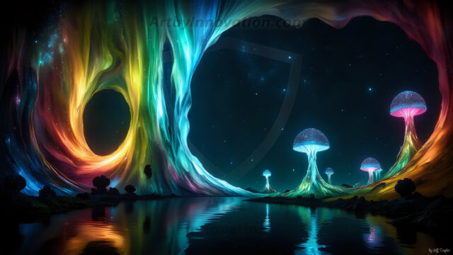 A vibrant and detailed fantasy photograph of an alien planet. Where every element appears meticulously crafted from iridescent stained glass. From a cave system, dominated by towering crystals, giant bioluminescent mushrooms, in all shapes and sizes, that glow in vibrant iridescent colors. A stream of iridescent blue water, flows down the center of the cave from a waterfall, off in the distance. The alien flora, vibrantly colored, attracting alien insects, like nothing you've ever seen. Glow worms hang down from the ceiling, emitting the entire spectrum of the rainbow in colors, they seem to dance and blend as if they are connected. Outside the cave system, the sky shimmers with a breathtaking aurora borealis that fills the sky, creating a cosmic spectacle of galaxies, nebulae, and radiant starlight, in this nighttime landscape.