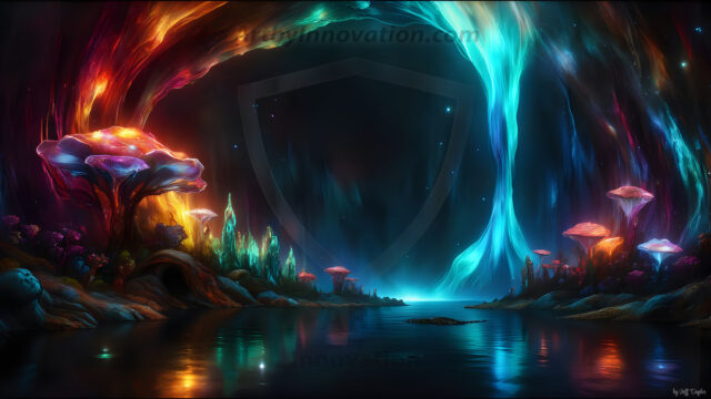 A vibrant and detailed fantasy photograph of an alien planet. Where every element appears meticulously crafted from iridescent stained glass. From a cave system, dominated by towering crystals, giant bioluminescent mushrooms, in all shapes and sizes, that glow in vibrant iridescent colors. A stream of iridescent blue water, flows down the center of the cave from a waterfall, off in the distance. The alien flora, vibrantly colored, attracting alien insects, like nothing you've ever seen. Glow worms hang down from the ceiling, emitting the entire spectrum of the rainbow in colors, they seem to dance and blend as if they are connected. Outside the cave system, the sky shimmers with a breathtaking aurora borealis that fills the sky, creating a cosmic spectacle of galaxies, nebulae, and radiant starlight, in this nighttime landscape.