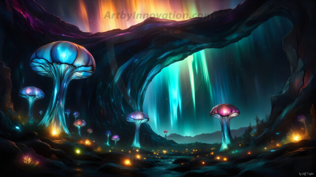A vibrant and detailed fantasy photograph of an alien planet. Where every element appears meticulously crafted from iridescent stained glass. From a cave system, dominated by towering crystals, giant bioluminescent mushrooms, in all shapes and sizes, that glow in vibrant iridescent colors. A stream of iridescent blue water, flows down the center of the cave from a waterfall, off in the distance. The alien flora, vibrantly colored, attracting alien insects, like nothing you've ever seen. Glow worms hang down from the ceiling, emitting the entire spectrum of the rainbow in colors, they seem to dance and blend as if they are connected. Outside the cave system, the sky shimmers with a breathtaking aurora borealis that fills the sky, creating a cosmic spectacle of galaxies, nebulae, and radiant starlight, in this nighttime landscape.