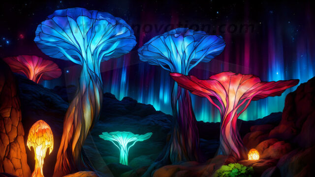 A vibrant and detailed fantasy photograph of an alien planet. Where every element appears meticulously crafted from iridescent stained glass. From a cave system, dominated by towering crystals, giant bioluminescent mushrooms, in all shapes and sizes, that glow in vibrant iridescent colors. A stream of iridescent blue water, flows down the center of the cave from a waterfall, off in the distance. The alien flora, vibrantly colored, attracting alien insects, like nothing you've ever seen. Glow worms hang down from the ceiling, emitting the entire spectrum of the rainbow in colors, they seem to dance and blend as if they are connected. Outside the cave system, the sky shimmers with a breathtaking aurora borealis that fills the sky, creating a cosmic spectacle of galaxies, nebulae, and radiant starlight, in this nighttime landscape.