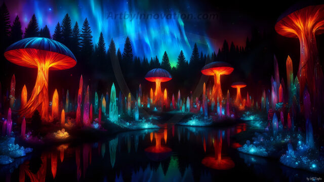A vibrant and detailed fantasy photograph of an alien planet. Where every element appears meticulously crafted from iridescent stained glass. From a cave system, dominated by towering crystals, giant bioluminescent mushrooms, in all shapes and sizes, that glow in vibrant iridescent colors. A stream of iridescent blue water, flows down the center of the cave from a waterfall, off in the distance. The alien flora, vibrantly colored, attracting alien insects, like nothing you've ever seen. Glow worms hang down from the ceiling, emitting the entire spectrum of the rainbow in colors, they seem to dance and blend as if they are connected. Outside the cave system, the sky shimmers with a breathtaking aurora borealis that fills the sky, creating a cosmic spectacle of galaxies, nebulae, and radiant starlight, in this nighttime landscape.