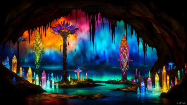 A vibrant and detailed fantasy photograph of an alien planet. Where every element appears meticulously crafted from iridescent stained glass. From a cave system, dominated by towering crystals, giant bioluminescent mushrooms, in all shapes and sizes, that glow in vibrant iridescent colors. A stream of iridescent blue water, flows down the center of the cave from a waterfall, off in the distance. The alien flora, vibrantly colored, attracting alien insects, like nothing you've ever seen. Glow worms hang down from the ceiling, emitting the entire spectrum of the rainbow in colors, they seem to dance and blend as if they are connected. Outside the cave system, the sky shimmers with a breathtaking aurora borealis that fills the sky, creating a cosmic spectacle of galaxies, nebulae, and radiant starlight, in this nighttime landscape.