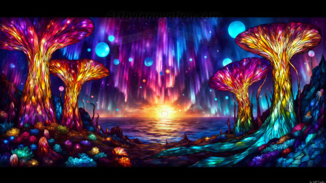 A vibrant and detailed fantasy photograph of an alien planet. Where every element appears meticulously crafted from iridescent stained glass. From a cave system, dominated by towering crystals, giant bioluminescent mushrooms, in all shapes and sizes, that glow in vibrant iridescent colors. A stream of iridescent blue water, flows down the center of the cave from a waterfall, off in the distance. The alien flora, vibrantly colored, attracting alien insects, like nothing you've ever seen. Glow worms hang down from the ceiling, emitting the entire spectrum of the rainbow in colors, they seem to dance and blend as if they are connected. Outside the cave system, the sky shimmers with a breathtaking aurora borealis that fills the sky, creating a cosmic spectacle of galaxies, nebulae, and radiant starlight, in this nighttime landscape.
