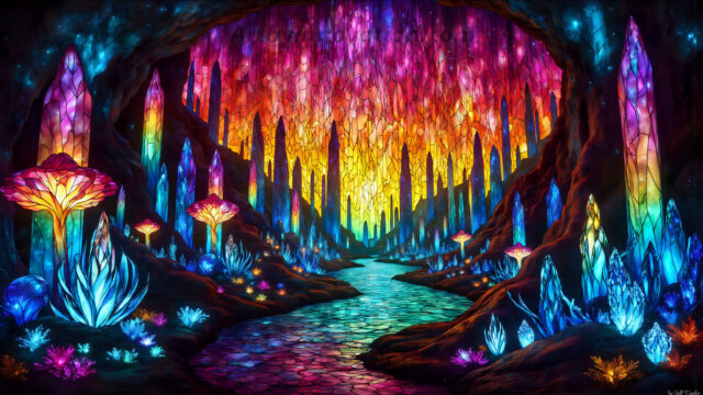 A vibrant and detailed fantasy photograph of an alien planet. Where every element appears meticulously crafted from iridescent stained glass. From a cave system, dominated by towering crystals, giant bioluminescent mushrooms, in all shapes and sizes, that glow in vibrant iridescent colors. A stream of iridescent blue water, flows down the center of the cave from a waterfall, off in the distance. The alien flora, vibrantly colored, attracting alien insects, like nothing you've ever seen. Glow worms hang down from the ceiling, emitting the entire spectrum of the rainbow in colors, they seem to dance and blend as if they are connected. Outside the cave system, the sky shimmers with a breathtaking aurora borealis that fills the sky, creating a cosmic spectacle of galaxies, nebulae, and radiant starlight, in this nighttime landscape.