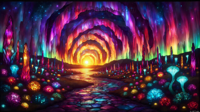 A vibrant and detailed fantasy photograph of an alien planet. Where every element appears meticulously crafted from iridescent stained glass. From a cave system, dominated by towering crystals, giant bioluminescent mushrooms, in all shapes and sizes, that glow in vibrant iridescent colors. A stream of iridescent blue water, flows down the center of the cave from a waterfall, off in the distance. The alien flora, vibrantly colored, attracting alien insects, like nothing you've ever seen. Glow worms hang down from the ceiling, emitting the entire spectrum of the rainbow in colors, they seem to dance and blend as if they are connected. Outside the cave system, the sky shimmers with a breathtaking aurora borealis that fills the sky, creating a cosmic spectacle of galaxies, nebulae, and radiant starlight, in this nighttime landscape.