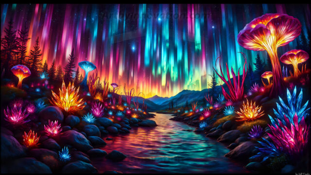 A vibrant and detailed fantasy photograph of an alien planet. Where every element appears meticulously crafted from iridescent stained glass. From a cave system, dominated by towering crystals, giant bioluminescent mushrooms, in all shapes and sizes, that glow in vibrant iridescent colors. A stream of iridescent blue water, flows down the center of the cave from a waterfall, off in the distance. The alien flora, vibrantly colored, attracting alien insects, like nothing you've ever seen. Glow worms hang down from the ceiling, emitting the entire spectrum of the rainbow in colors, they seem to dance and blend as if they are connected. Outside the cave system, the sky shimmers with a breathtaking aurora borealis that fills the sky, creating a cosmic spectacle of galaxies, nebulae, and radiant starlight, in this nighttime landscape.