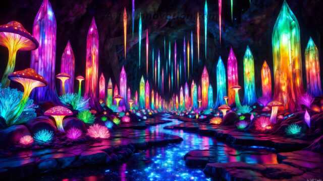 A vibrant and detailed fantasy photograph of an alien planet. Where every element appears meticulously crafted from iridescent stained glass. From a cave system, dominated by towering crystals, giant bioluminescent mushrooms, in all shapes and sizes, that glow in vibrant iridescent colors. A stream of iridescent blue water, flows down the center of the cave from a waterfall, off in the distance. The alien flora, vibrantly colored, attracting alien insects, like nothing you've ever seen. Glow worms hang down from the ceiling, emitting the entire spectrum of the rainbow in colors, they seem to dance and blend as if they are connected. Outside the cave system, the sky shimmers with a breathtaking aurora borealis that fills the sky, creating a cosmic spectacle of galaxies, nebulae, and radiant starlight, in this nighttime landscape.