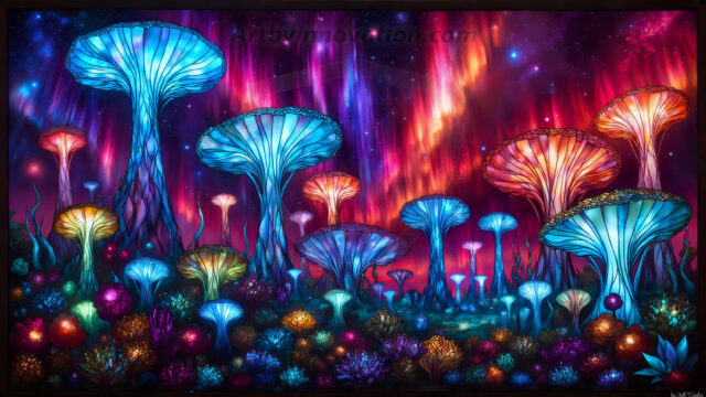 A vibrant and detailed fantasy photograph of an alien planet. Where every element appears meticulously crafted from iridescent stained glass. From a cave system, dominated by towering crystals, giant bioluminescent mushrooms, in all shapes and sizes, that glow in vibrant iridescent colors. A stream of iridescent blue water, flows down the center of the cave from a waterfall, off in the distance. The alien flora, vibrantly colored, attracting alien insects, like nothing you've ever seen. Glow worms hang down from the ceiling, emitting the entire spectrum of the rainbow in colors, they seem to dance and blend as if they are connected. Outside the cave system, the sky shimmers with a breathtaking aurora borealis that fills the sky, creating a cosmic spectacle of galaxies, nebulae, and radiant starlight, in this nighttime landscape.