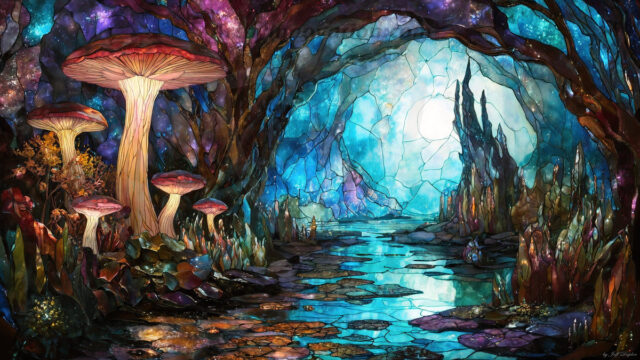 A vibrant and detailed fantasy photograph of an alien planet. Where every element appears meticulously crafted from iridescent stained glass. From a cave system, dominated by towering crystals, giant bioluminescent mushrooms, in all shapes and sizes, that glow in vibrant iridescent colors. A stream of iridescent blue water, flows down the center of the cave from a waterfall, off in the distance. The alien flora, vibrantly colored, attracting alien insects, like nothing you've ever seen. Glow worms hang down from the ceiling, emitting the entire spectrum of the rainbow in colors, they seem to dance and blend as if they are connected. Outside the cave system, the sky shimmers with a breathtaking aurora borealis that fills the sky, creating a cosmic spectacle of galaxies, nebulae, and radiant starlight, in this nighttime landscape.