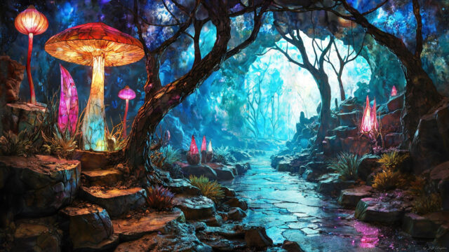 A vibrant and detailed fantasy photograph of an alien planet. Where every element appears meticulously crafted from iridescent stained glass. From a cave system, dominated by towering crystals, giant bioluminescent mushrooms, in all shapes and sizes, that glow in vibrant iridescent colors. A stream of iridescent blue water, flows down the center of the cave from a waterfall, off in the distance. The alien flora, vibrantly colored, attracting alien insects, like nothing you've ever seen. Glow worms hang down from the ceiling, emitting the entire spectrum of the rainbow in colors, they seem to dance and blend as if they are connected. Outside the cave system, the sky shimmers with a breathtaking aurora borealis that fills the sky, creating a cosmic spectacle of galaxies, nebulae, and radiant starlight, in this nighttime landscape.