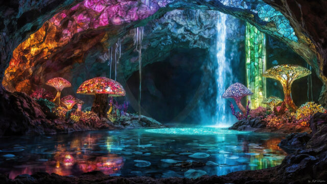 A vibrant and detailed fantasy photograph of an alien planet. Where every element appears meticulously crafted from iridescent stained glass. From a cave system, dominated by towering crystals, giant bioluminescent mushrooms, in all shapes and sizes, that glow in vibrant iridescent colors. A stream of iridescent blue water, flows down the center of the cave from a waterfall, off in the distance. The alien flora, vibrantly colored, attracting alien insects, like nothing you've ever seen. Glow worms hang down from the ceiling, emitting the entire spectrum of the rainbow in colors, they seem to dance and blend as if they are connected. Outside the cave system, the sky shimmers with a breathtaking aurora borealis that fills the sky, creating a cosmic spectacle of galaxies, nebulae, and radiant starlight, in this nighttime landscape.