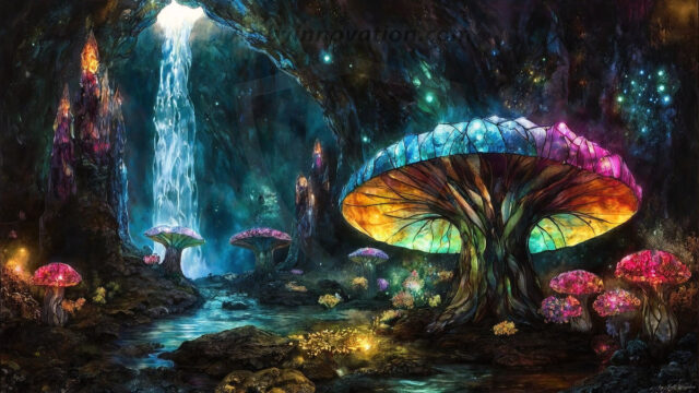 A vibrant and detailed fantasy photograph of an alien planet. Where every element appears meticulously crafted from iridescent stained glass. From a cave system, dominated by towering crystals, giant bioluminescent mushrooms, in all shapes and sizes, that glow in vibrant iridescent colors. A stream of iridescent blue water, flows down the center of the cave from a waterfall, off in the distance. The alien flora, vibrantly colored, attracting alien insects, like nothing you've ever seen. Glow worms hang down from the ceiling, emitting the entire spectrum of the rainbow in colors, they seem to dance and blend as if they are connected. Outside the cave system, the sky shimmers with a breathtaking aurora borealis that fills the sky, creating a cosmic spectacle of galaxies, nebulae, and radiant starlight, in this nighttime landscape.
